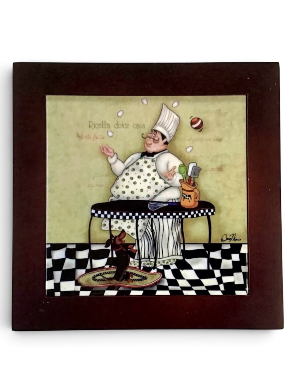 Framed Ceramic Tile Trivet Italian Fat Chef & Pup Ricetta Dolce Casa Dena Marie